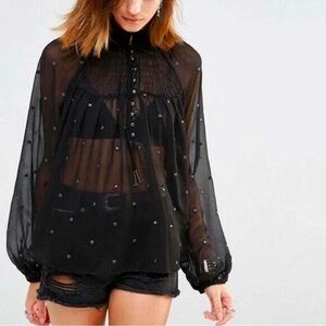 NEW! Free People Ready to Run Black Chiffon Boho Sheer Long Sleeve Top Smocked